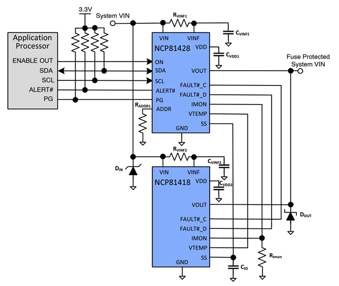 Schéma du circuit d'application - onsemi Fusible intelligent hot-swap esclave uniquement NCP81418